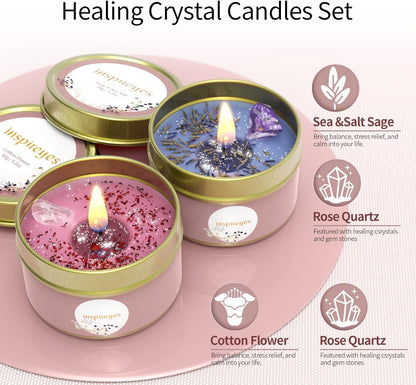 Aromatherapy Candles Gift Set for Women – Scented Soy Candles with Healing Crystals, Rose Quartz & Dry Flowers, Decorative Portable Tin Candles, Set of 2