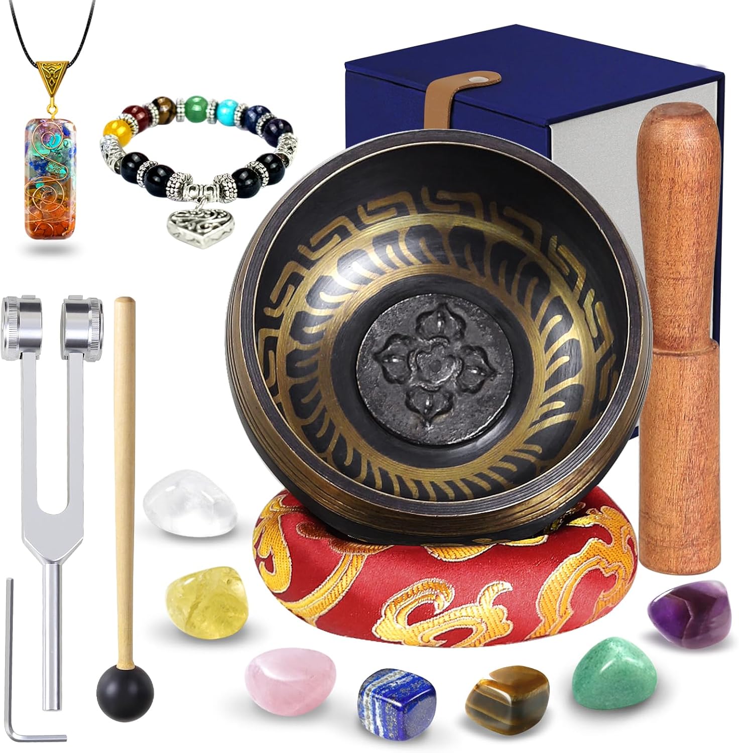 Tibetan Singing Bowl Set - Rose Quartz Pendant - 7 Chakra Crystal Stones with Cage Necklace- for Meditation, Mindfulness, Yoga and Spiritual Healing and Energy Cleansing (3.5", Blue)