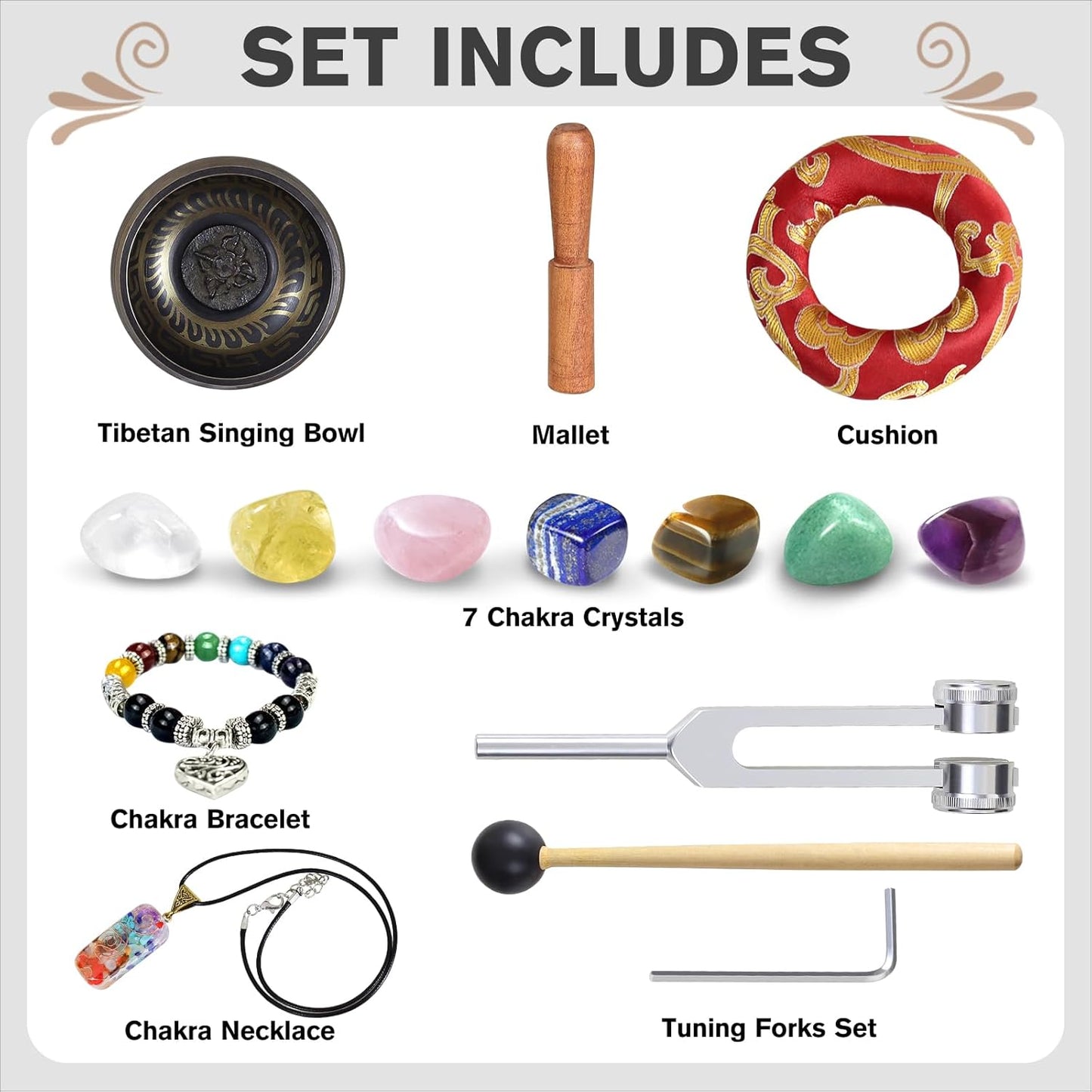 Tibetan Singing Bowl Set - Rose Quartz Pendant - 7 Chakra Crystal Stones with Cage Necklace- for Meditation, Mindfulness, Yoga and Spiritual Healing and Energy Cleansing (3.5", Blue)