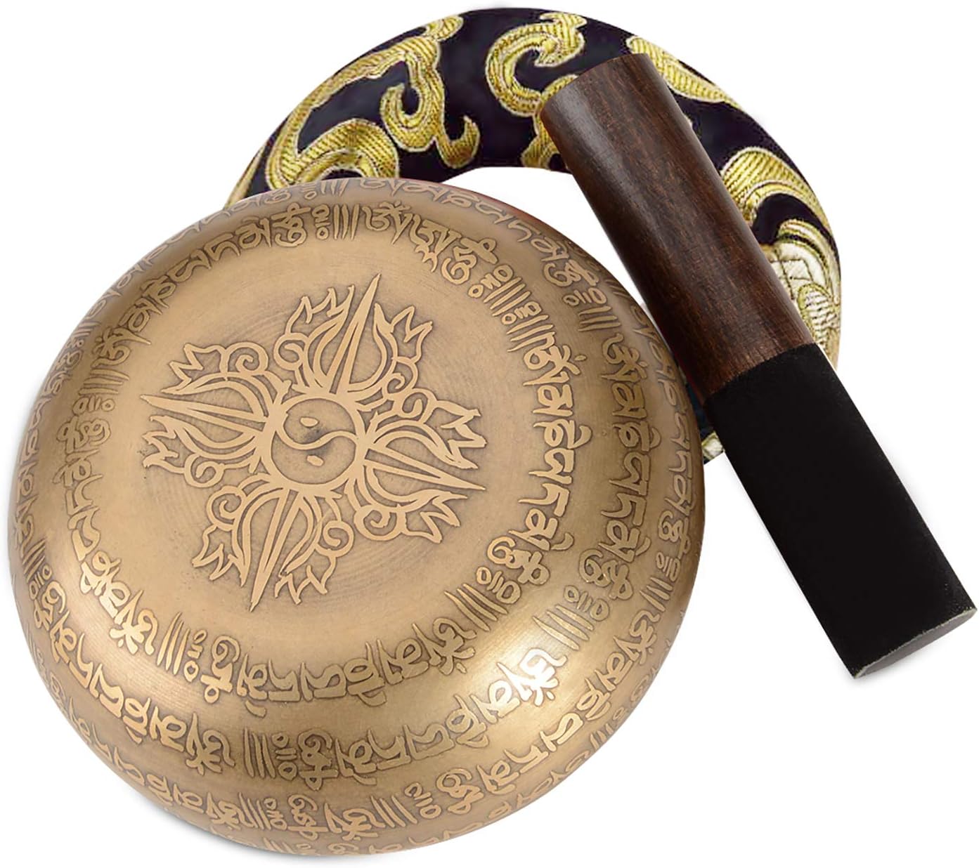 5'' Tibetan Singing Bowl Set, Nepal Antique Bronze Mantra Carving Hand Hammered, Sound for Yoga Chakras Healing Meditation Zen with Leather Striker Surface Mallet Silk Cushion Gift - Black