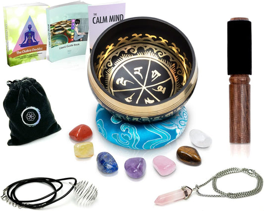 Complete Tibetan Singing Bowl Set for Meditation – Includes 7 Chakra Stones, Tuning Forks, Chakra Bracelet & Necklace – Ideal for Yoga and Spiritual Healing