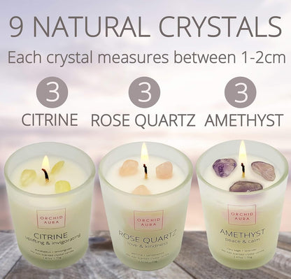 3PC Healing Crystal Soy Candle Set 🌿 Citrine, Rose Quartz, Amethyst | Eucalyptus, Jasmine & Lavender Scents | 2.47oz Each