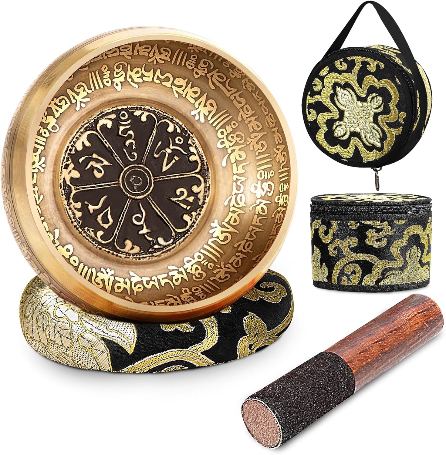 5'' Tibetan Singing Bowl Set, Nepal Antique Bronze Mantra Carving Hand Hammered, Sound for Yoga Chakras Healing Meditation Zen with Leather Striker Surface Mallet Silk Cushion Gift - Black