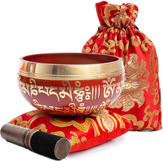 Beginner-Friendly Tibetan Singing Bowl Set – 7 Chakra Healing, Meditation & Mindfulness Tool – Handcrafted Authentic Gift (Crimson)