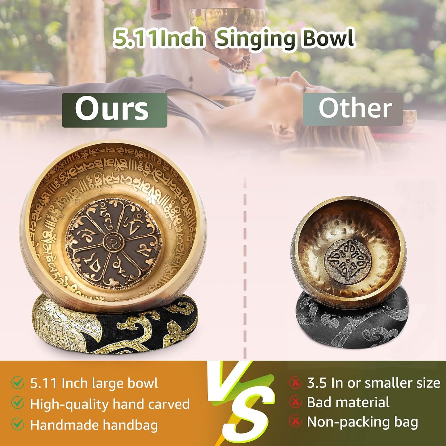 5'' Tibetan Singing Bowl Set, Nepal Antique Bronze Mantra Carving Hand Hammered, Sound for Yoga Chakras Healing Meditation Zen with Leather Striker Surface Mallet Silk Cushion Gift - Black