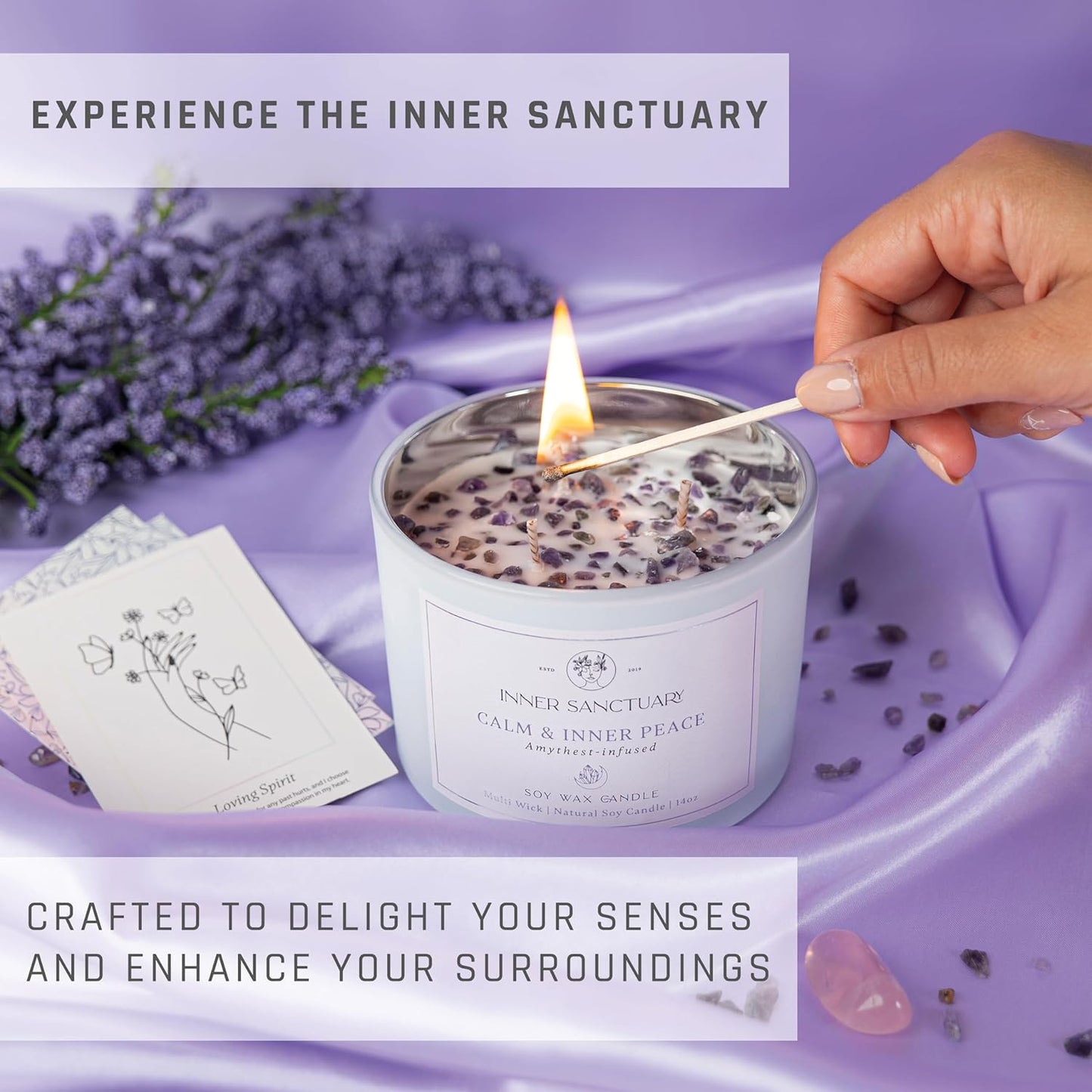 Healing Crystal Candle with Amethyst – 12oz Soy Wax Aromatherapy Candle | Spiritual & Meditation Gift for Women Inner Sanctuary