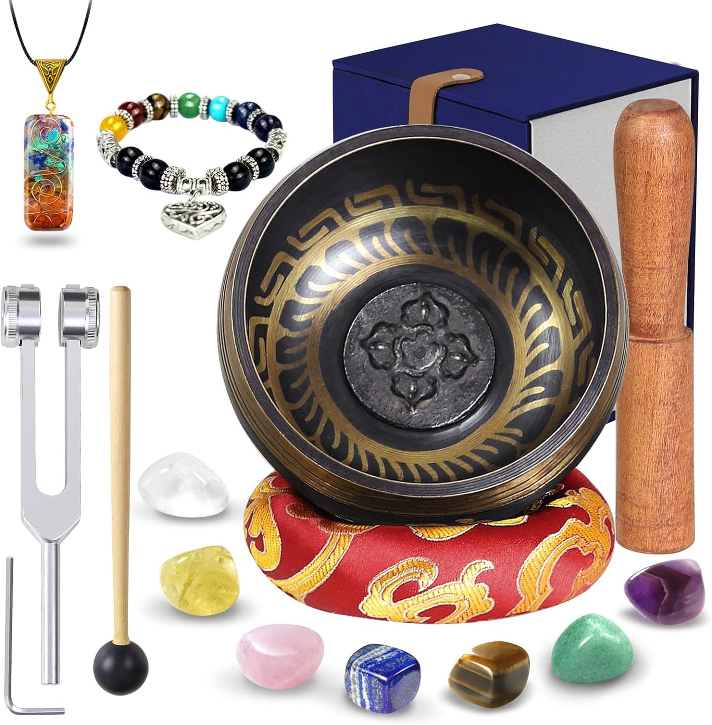 Tibetan Singing Bowl Set - Rose Quartz Pendant - 7 Chakra Crystal Stones with Cage Necklace- for Meditation, Mindfulness, Yoga and Spiritual Healing and Energy Cleansing (3.5", Blue)